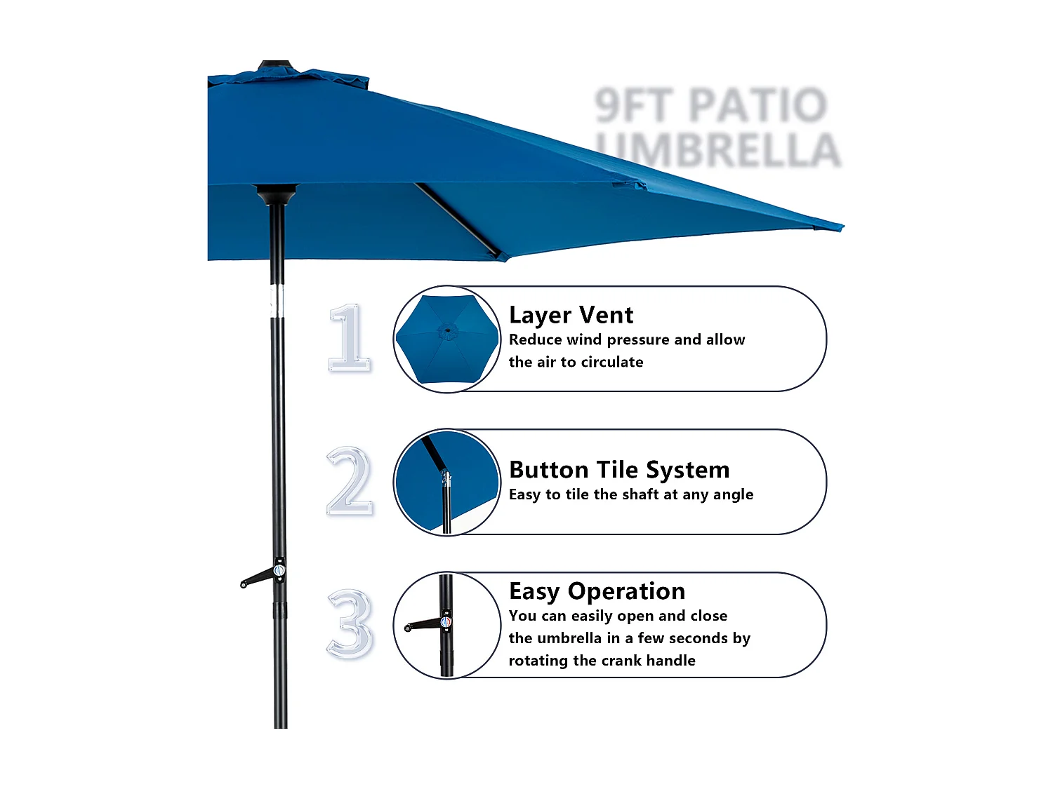 Parasol de jardin bleu ciel - Parasol extérieur monoposte - Protection solaire UPF 50+ - Grande taille de 264 cm pour terrasse et balcon