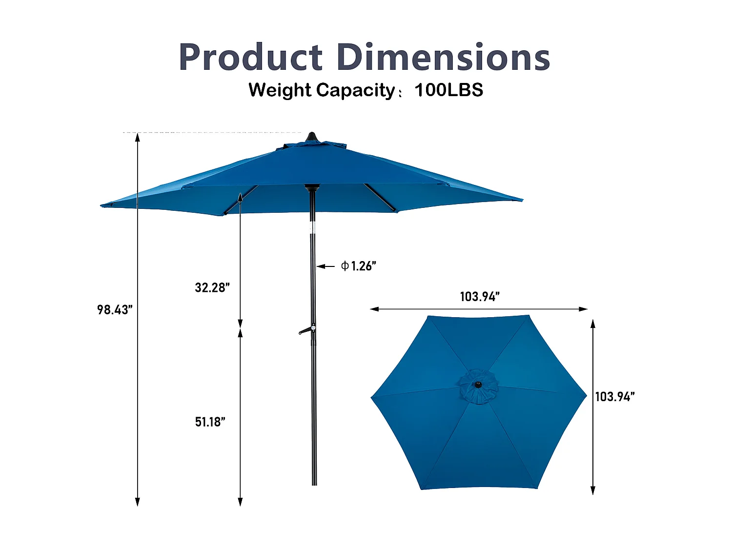 Parasol de jardin bleu ciel - Parasol extérieur monoposte - Protection solaire UPF 50+ - Grande taille de 264 cm pour terrasse et balcon