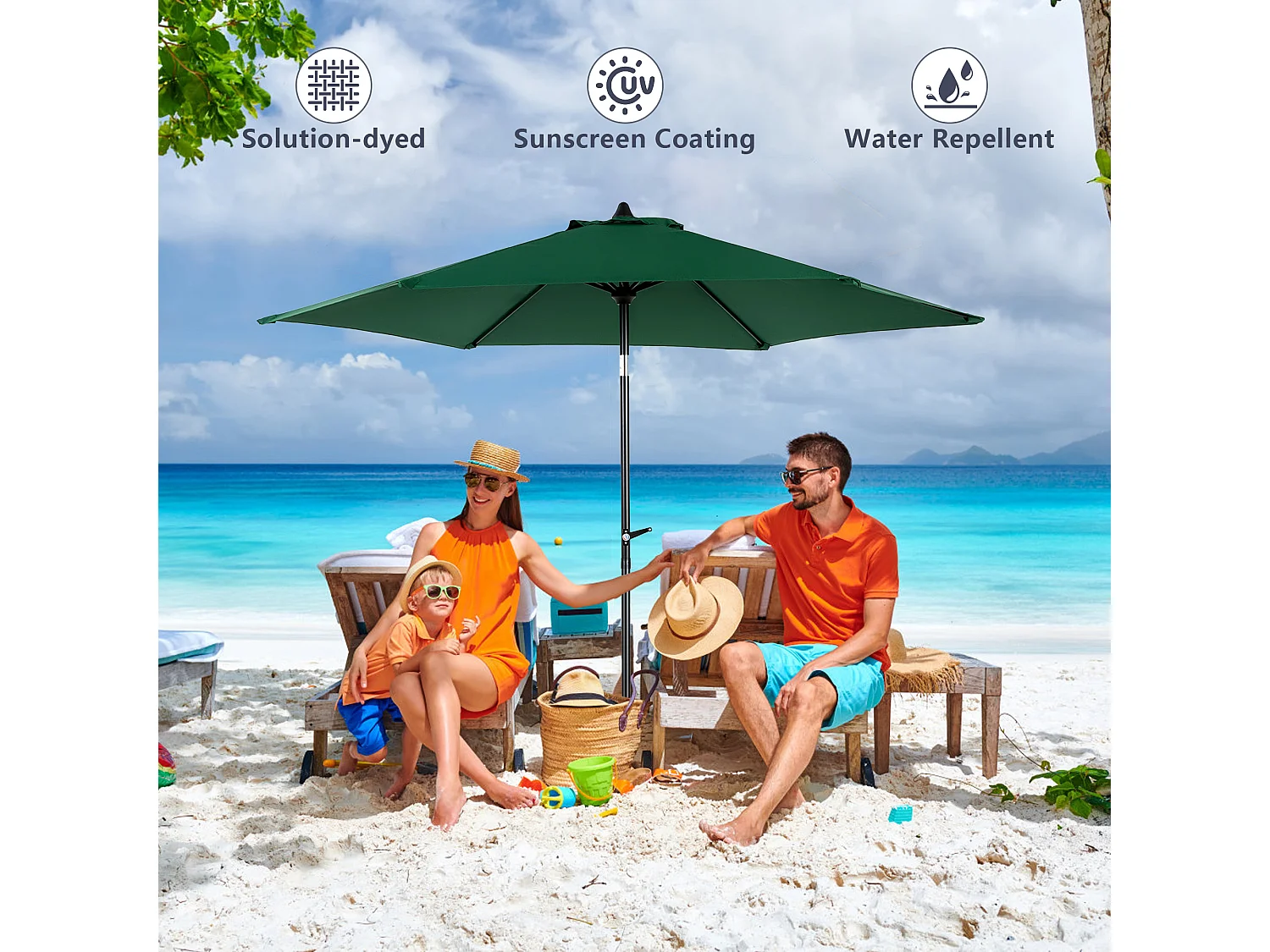 Parasol de jardin vert émeraude - Parasol extérieur monoposte - Protection solaire UPF 50+ - Grande taille de 264 cm pour terrasse et balcon