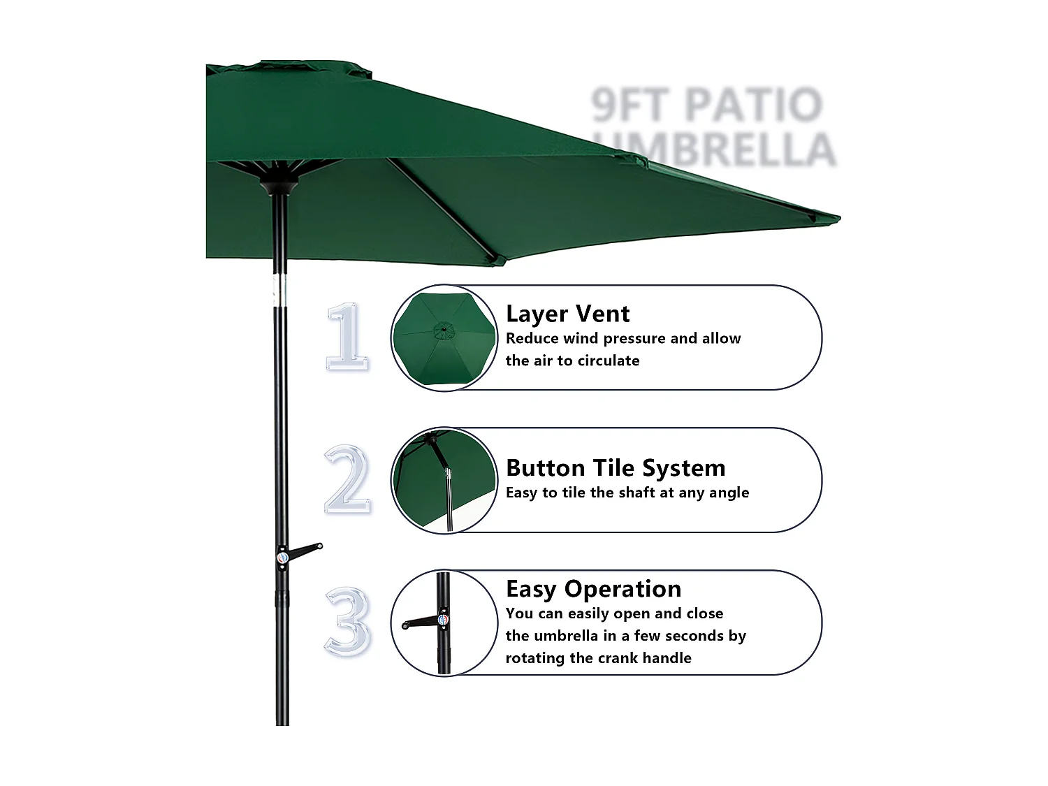 Sombrilla de jardín verde claro, sombrilla exterior de poste central, protección solar UPF 50+, gran tamaño de 264 cm, ideal para terraza y balcón