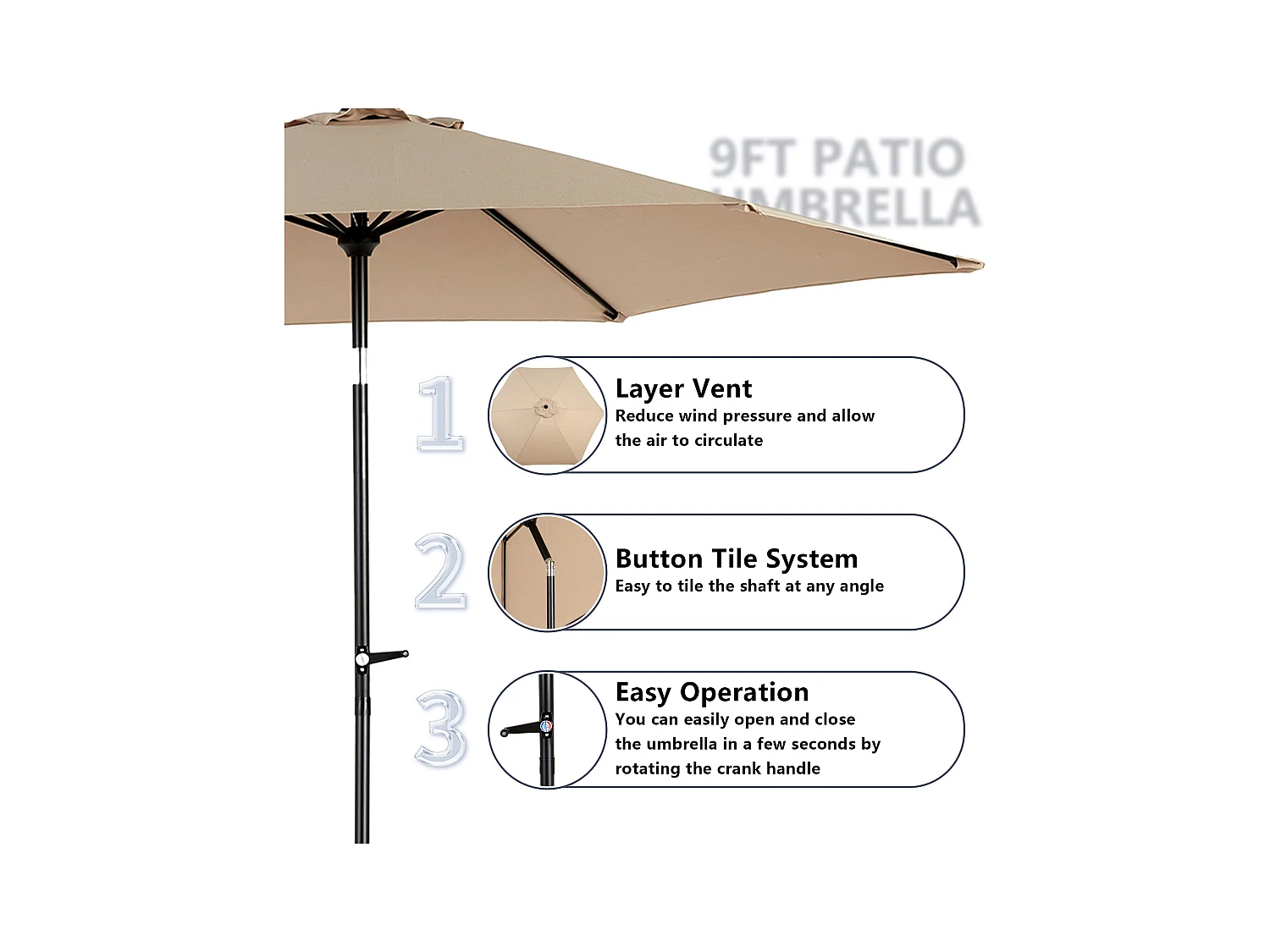 Parasol de jardin kaki - Parasol extérieur monoposte - Protection solaire UPF 50+ - Grande taille de 264 cm pour terrasse et balcon