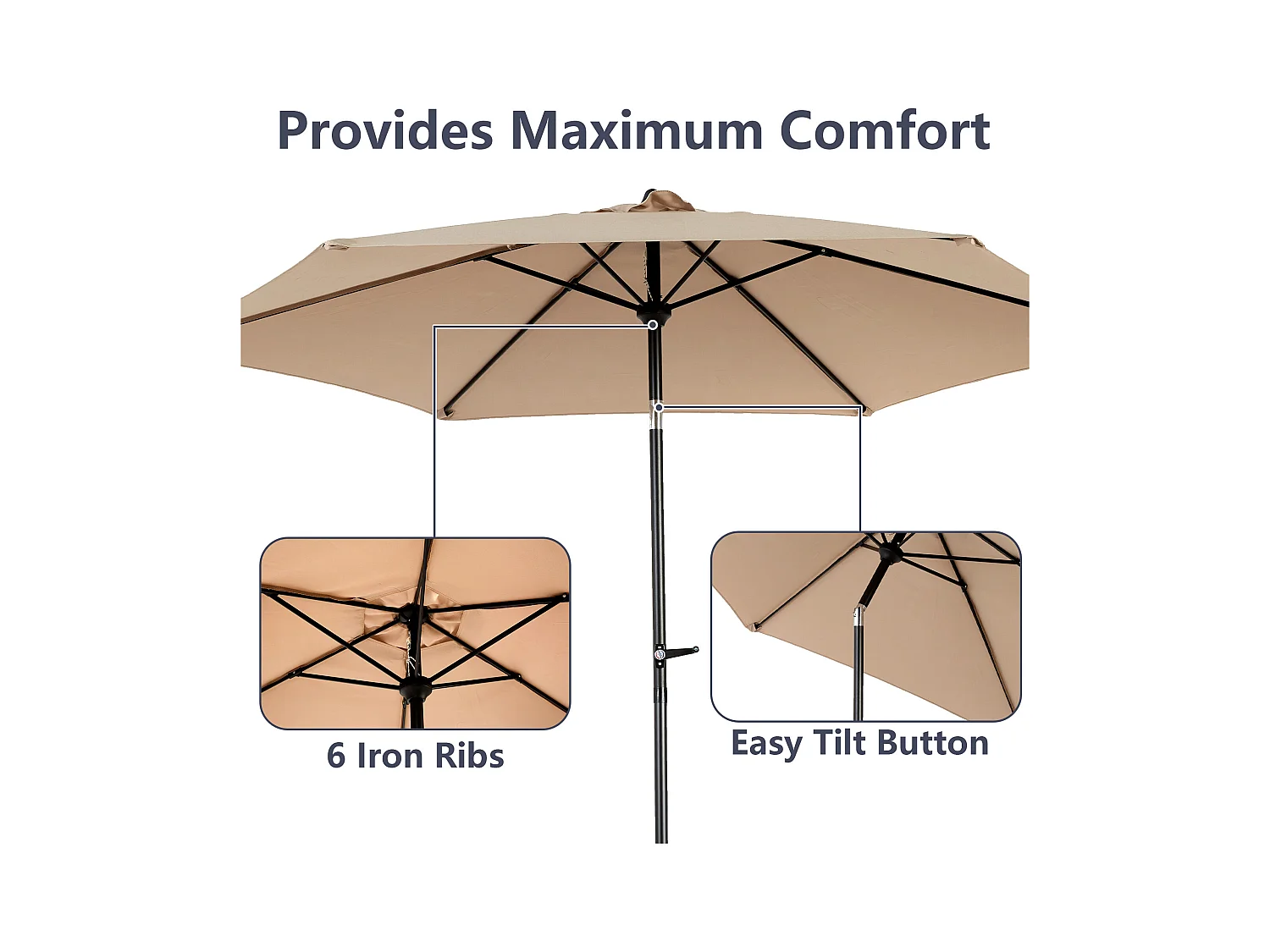 Parasol de jardin kaki - Parasol extérieur monoposte - Protection solaire UPF 50+ - Grande taille de 264 cm pour terrasse et balcon