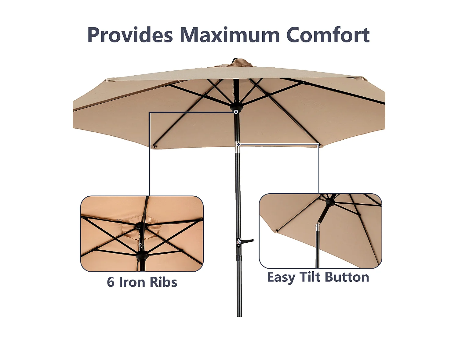 Parasol de jardin kaki - Parasol extérieur monoposte - Protection solaire UPF 50+ - Grande taille de 264 cm pour terrasse et balcon