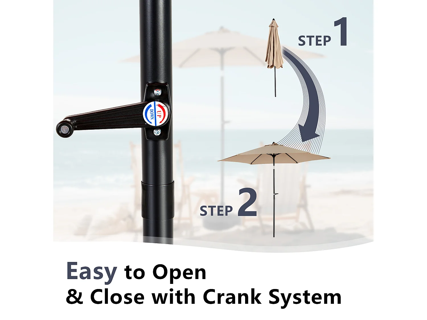 Parasol de jardin kaki - Parasol extérieur monoposte - Protection solaire UPF 50+ - Grande taille de 264 cm pour terrasse et balcon