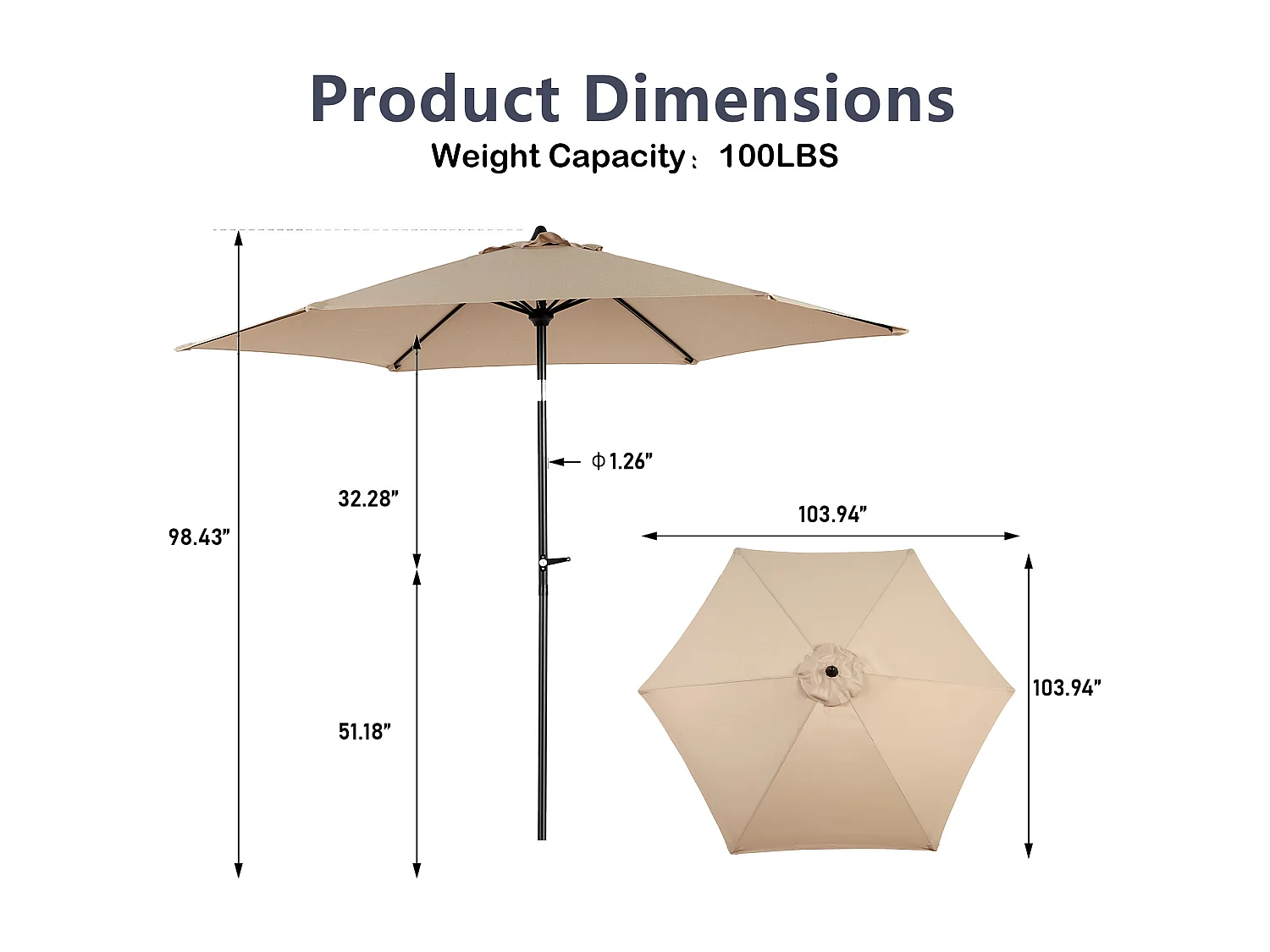 Parasol de jardin kaki - Parasol extérieur monoposte - Protection solaire UPF 50+ - Grande taille de 264 cm pour terrasse et balcon