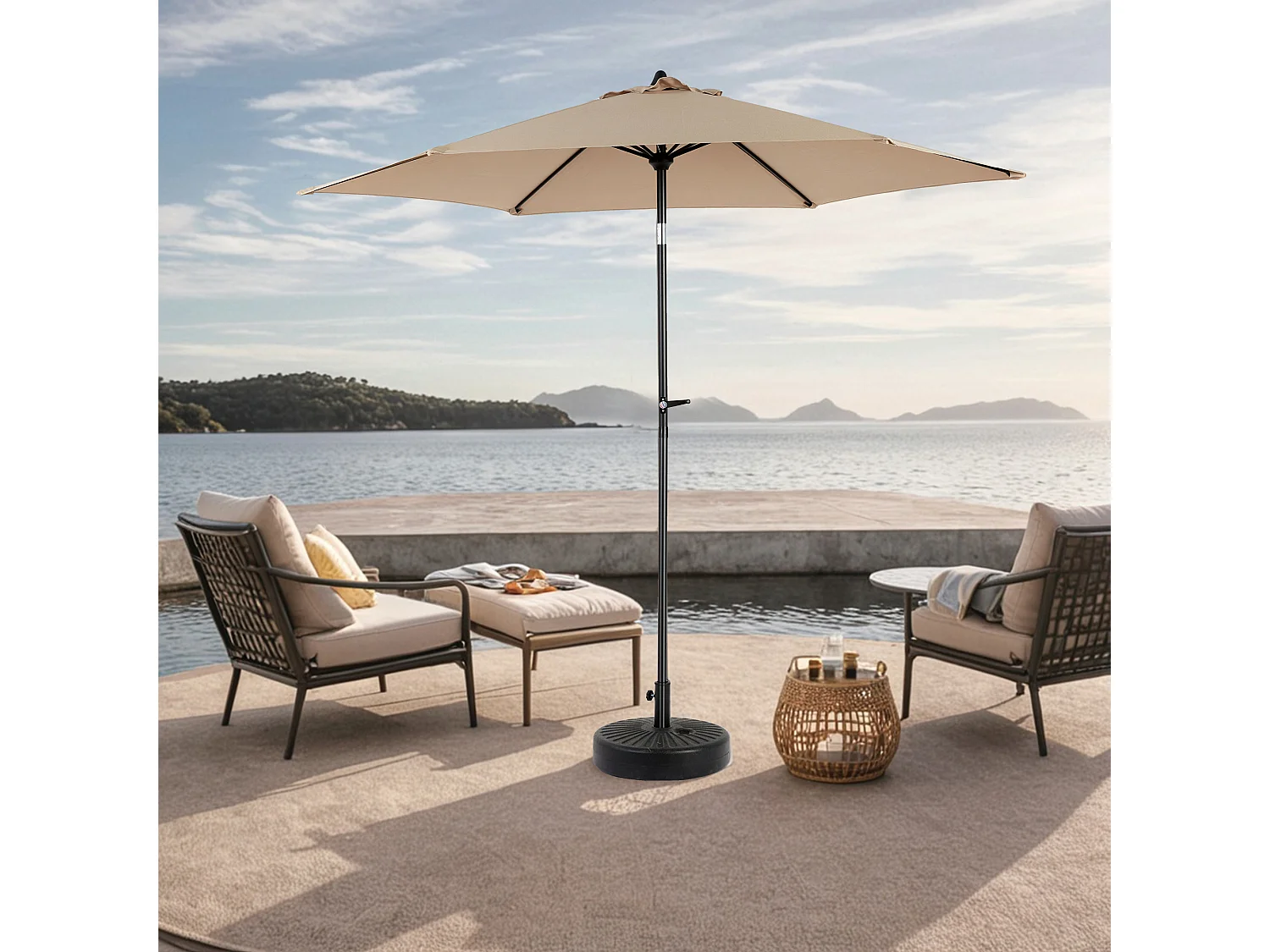 Parasol de jardin kaki - Parasol extérieur monoposte - Protection solaire UPF 50+ - Grande taille de 264 cm pour terrasse et balcon