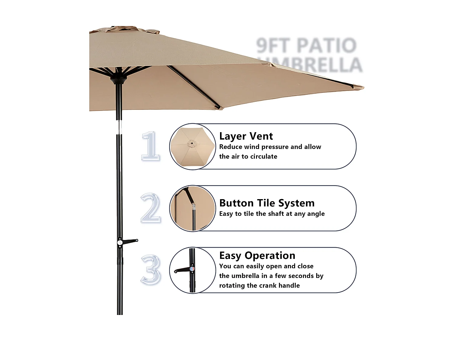 Parasol de jardin kaki - Parasol extérieur monoposte - Protection solaire UPF 50+ - Grande taille de 264 cm pour terrasse et balcon