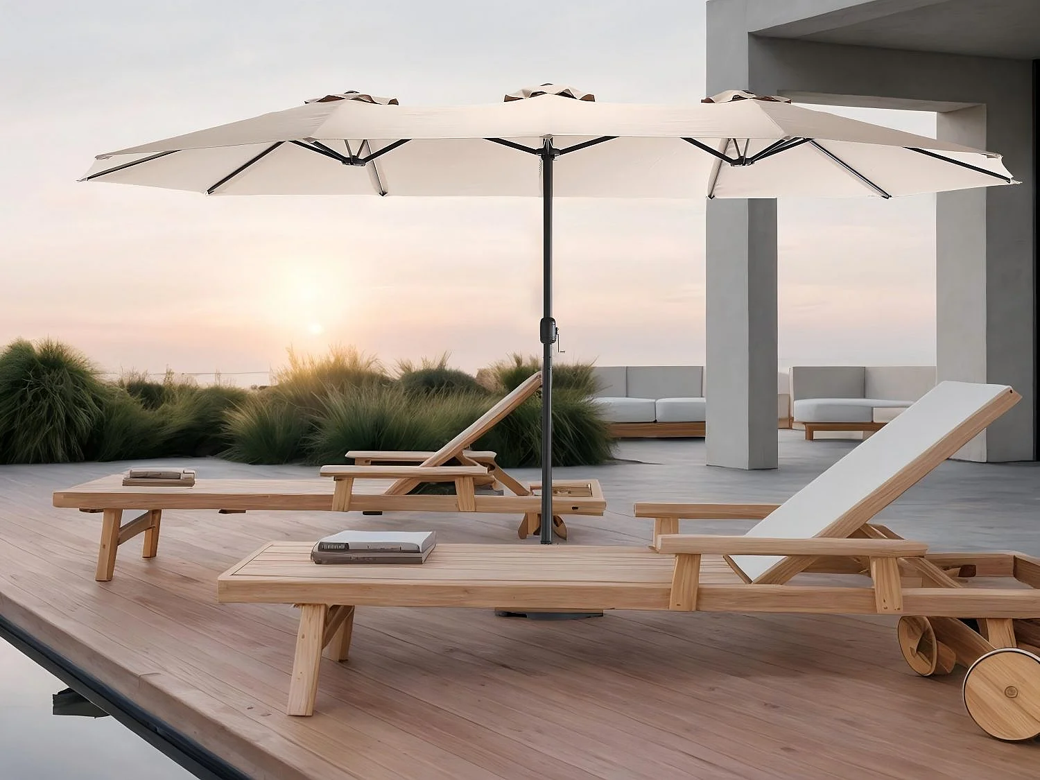 Parasol à double tête Kaki (4,53m x 2,67m) - Parasol déporté - Système de levée à manivelle - Parfait pour jardin ou terrasse - Protection solaire optimale