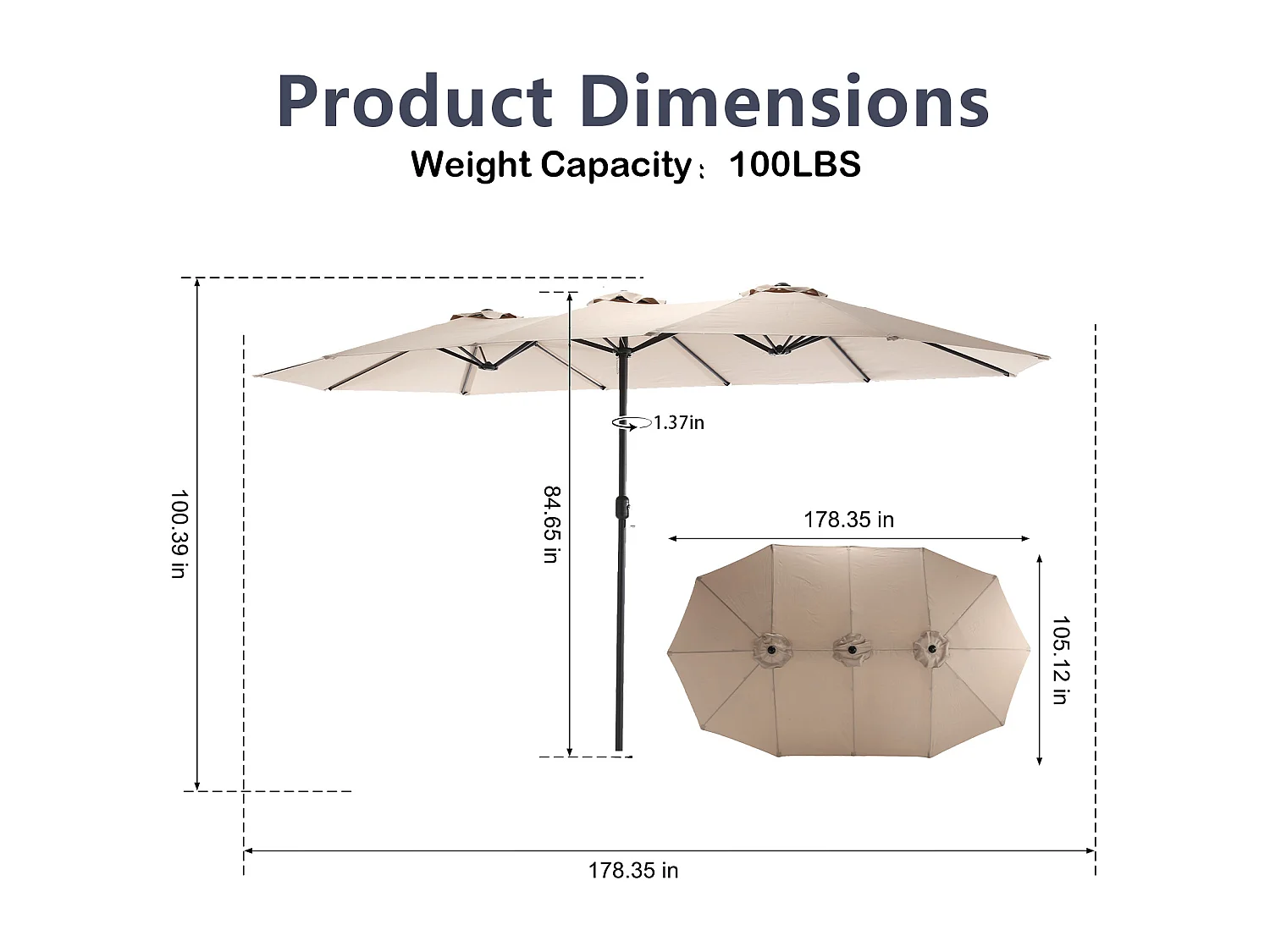Parasol à double tête Kaki (4,53m x 2,67m) - Parasol déporté - Système de levée à manivelle - Parfait pour jardin ou terrasse - Protection solaire optimale