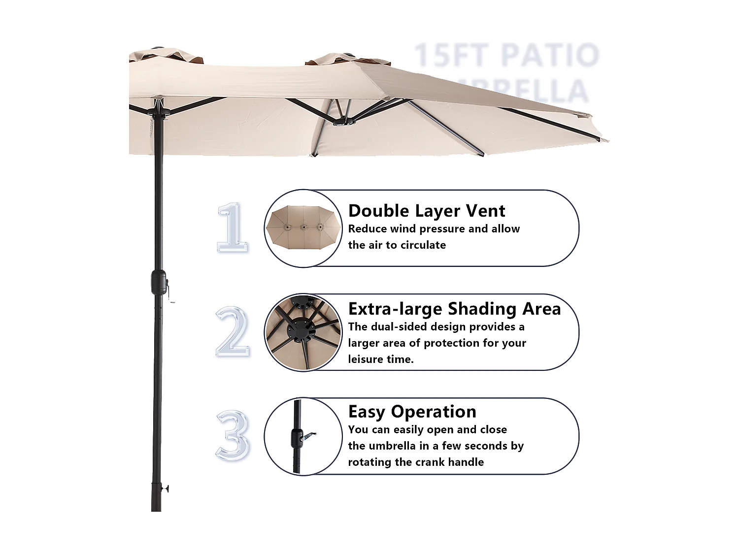 Khaki parasol met dubbele kop (4,53 m x 2,67 m) - Zwenkbare parasol - Zwengelsysteem - Perfect voor tuin of terras - Optimale zonbescherming