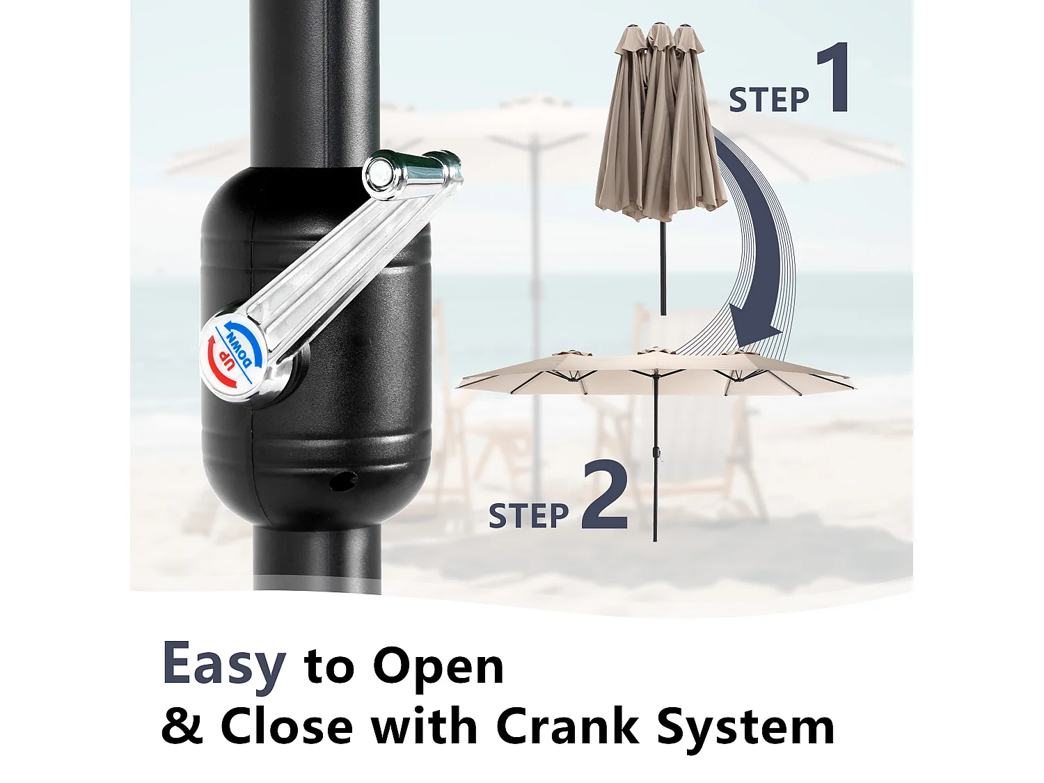 Khaki parasol met dubbele kop (4,53 m x 2,67 m) - Zwenkbare parasol - Zwengelsysteem - Perfect voor tuin of terras - Optimale zonbescherming