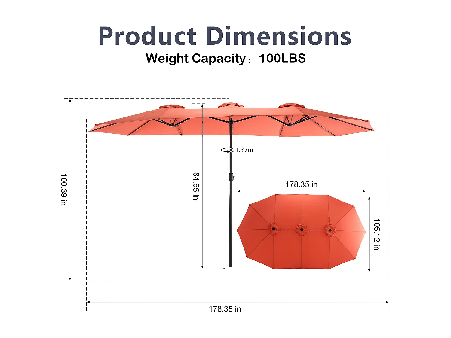 Parasol à double tête orange (4,53m x 2,67m) - Parasol déporté - Système de levée à manivelle - Parfait pour jardin ou terrasse - Protection solaire optimale