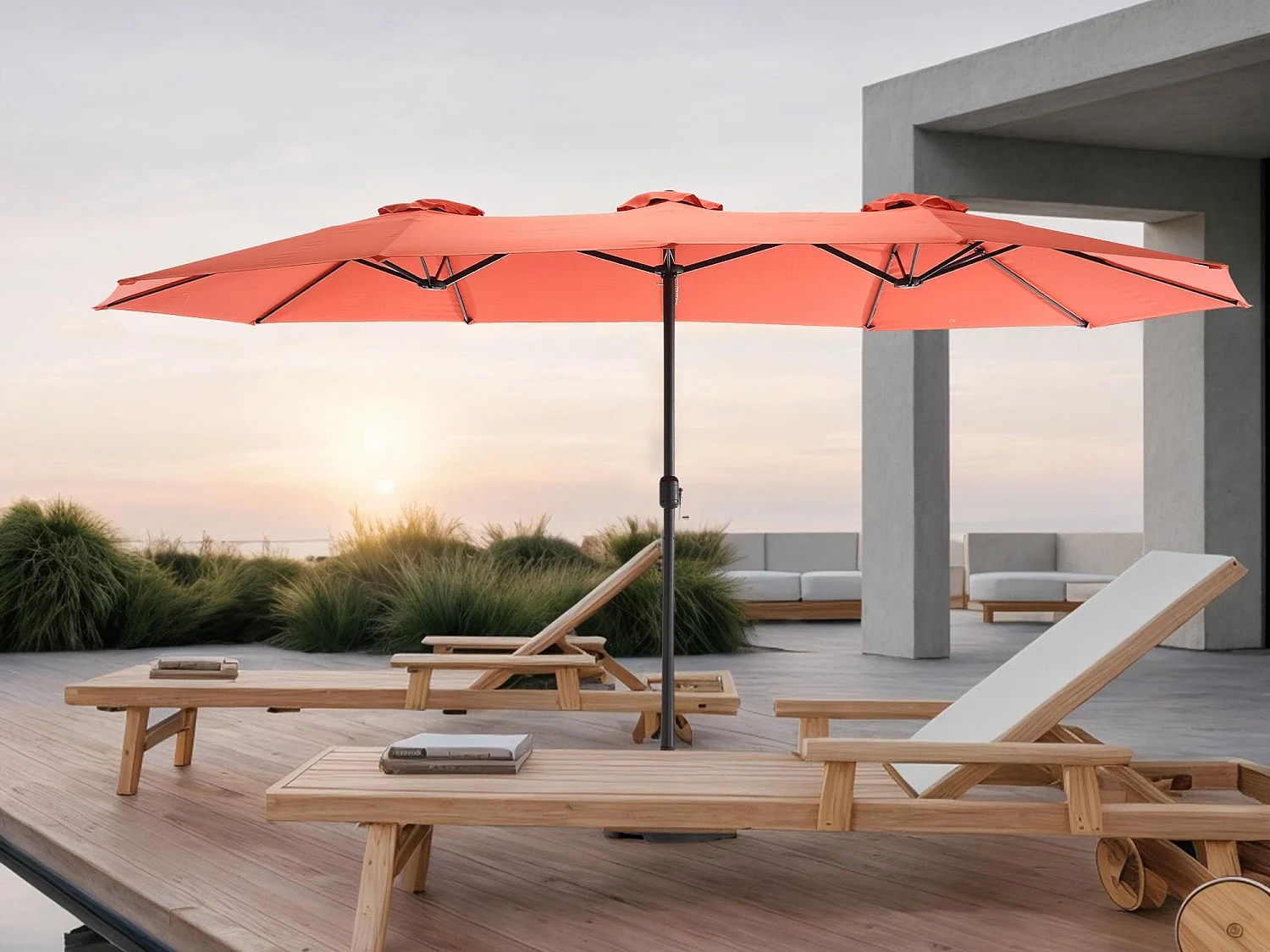 Sombrilla de doble cabeza verde (4,53 m x 2,67 m), sombrilla excéntrica, sistema de elevación con manivela, ideal para jardín o terraza, protección solar óptima