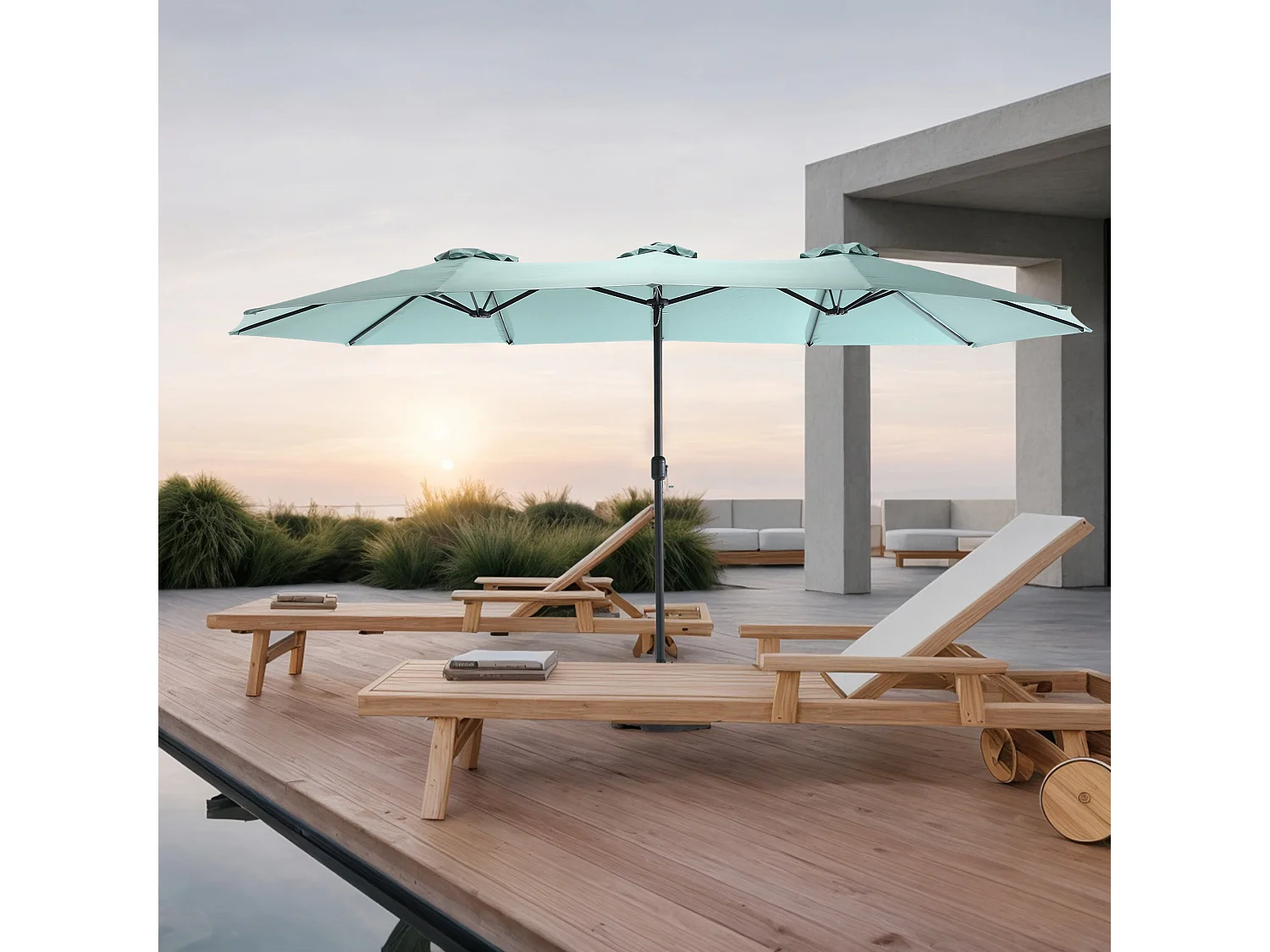 Sombrilla de doble cabeza verde (4,53 m x 2,67 m), sombrilla excéntrica, sistema de elevación con manivela, ideal para jardín o terraza, protección solar óptima