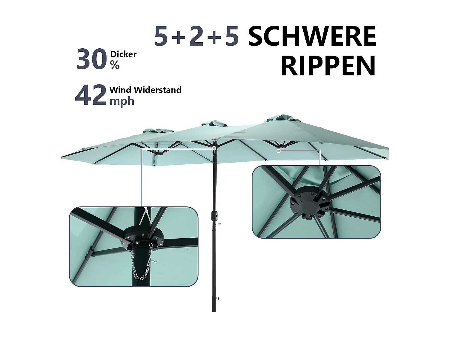 Parasol à double tête vert clair (4,53m x 2,67m) - Parasol déporté - Système de levée à manivelle - Parfait pour jardin ou terrasse - Protection solaire optimale