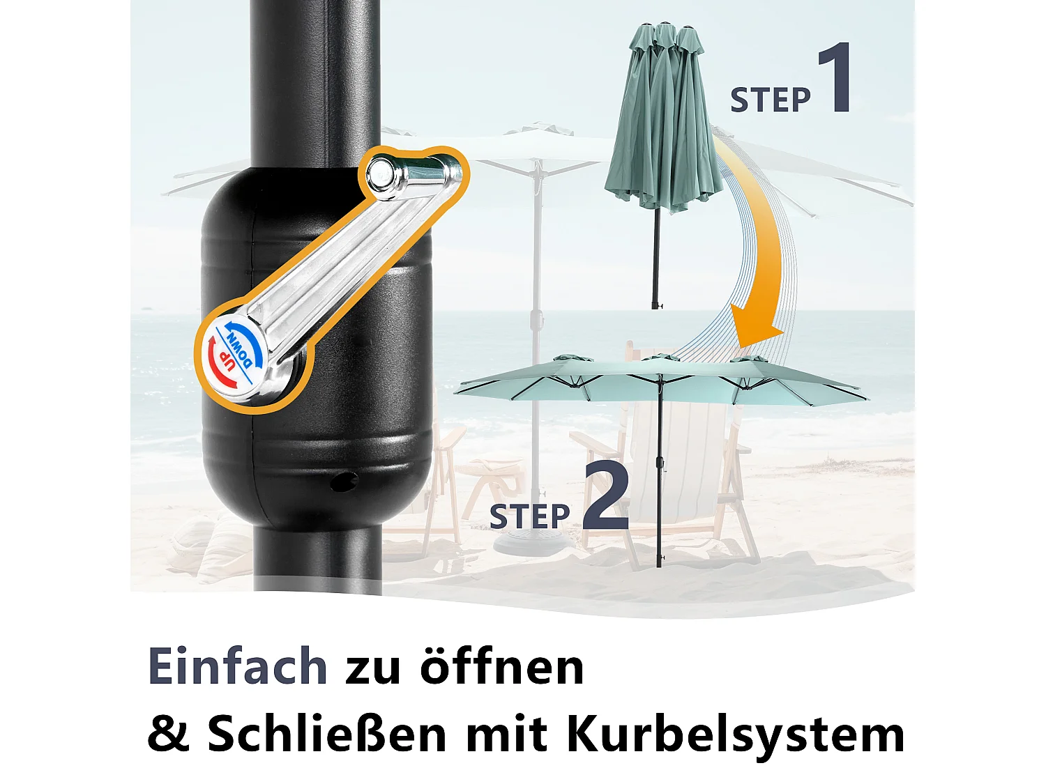 Parasol à double tête vert clair (4,53m x 2,67m) - Parasol déporté - Système de levée à manivelle - Parfait pour jardin ou terrasse - Protection solaire optimale