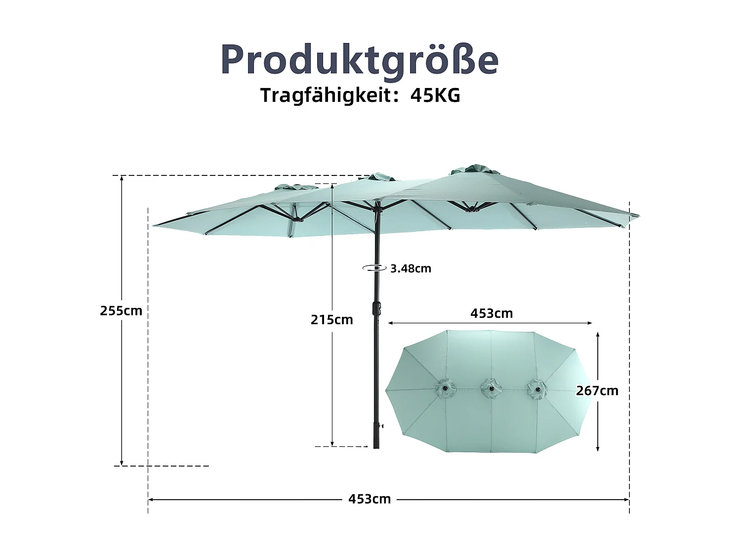 Dubbele parasol (4,53m x 2,67m) - Zwenkbare parasol - Zwengelsysteem - Perfect voor tuin of terras - Optimale zonwering