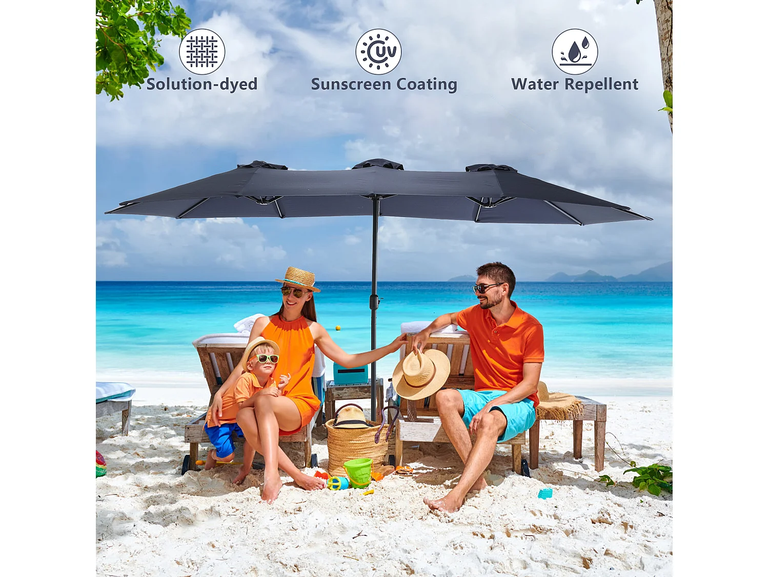 Parasol à double tête Bleu nuit (4,53m x 2,67m) - Parasol déporté - Système de levée à manivelle - Parfait pour jardin ou terrasse - Protection solaire optimale