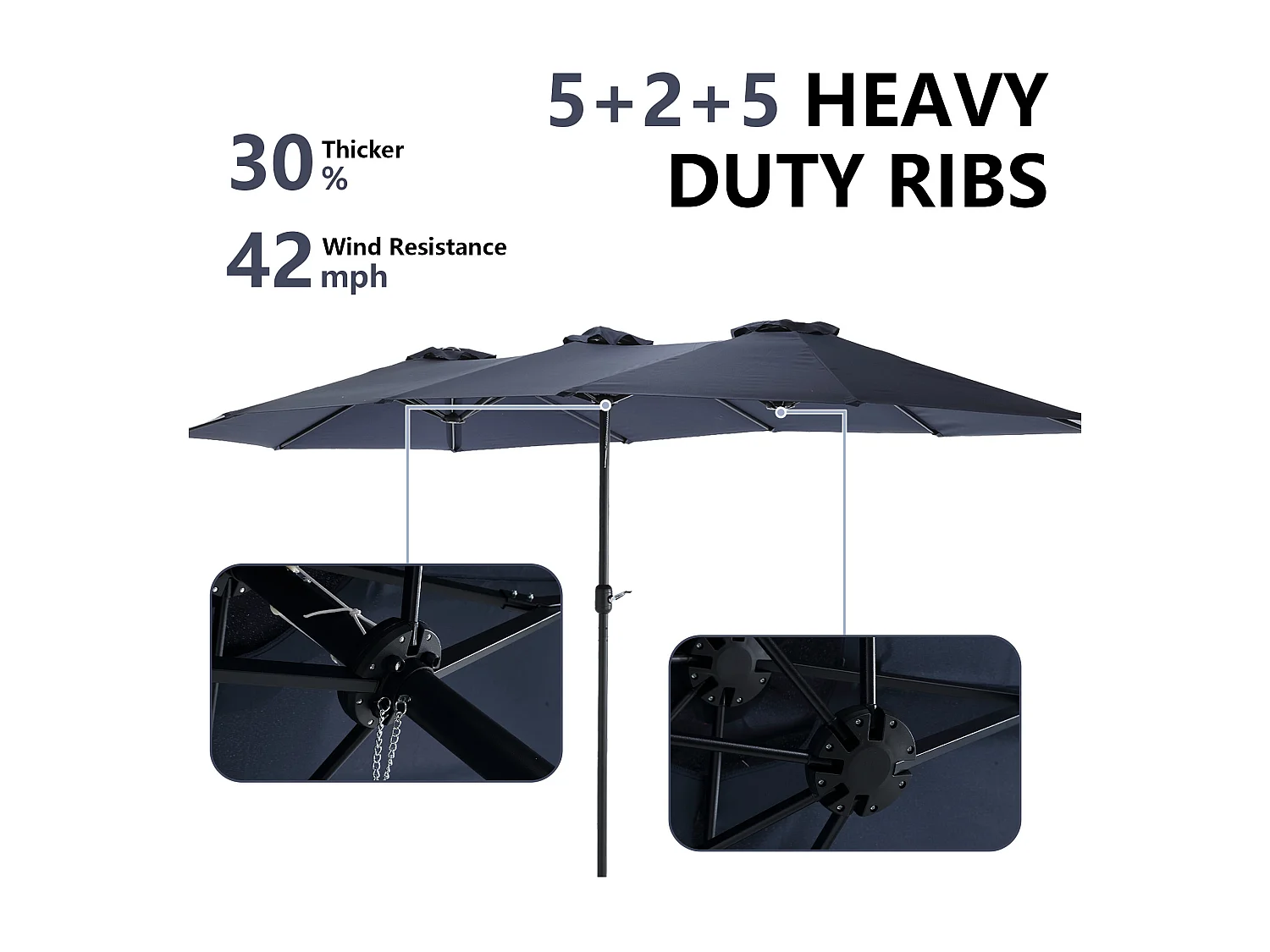 Parasol à double tête Bleu nuit (4,53m x 2,67m) - Parasol déporté - Système de levée à manivelle - Parfait pour jardin ou terrasse - Protection solaire optimale