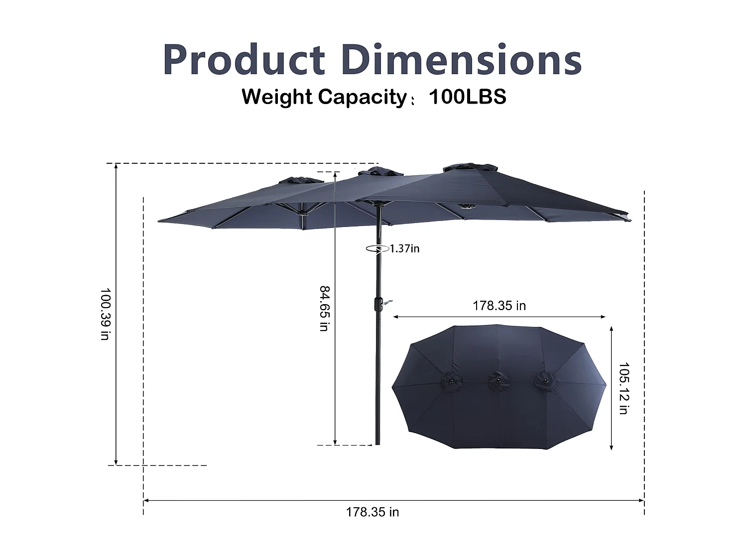 Parasol à double tête Bleu nuit (4,53m x 2,67m) - Parasol déporté - Système de levée à manivelle - Parfait pour jardin ou terrasse - Protection solaire optimale