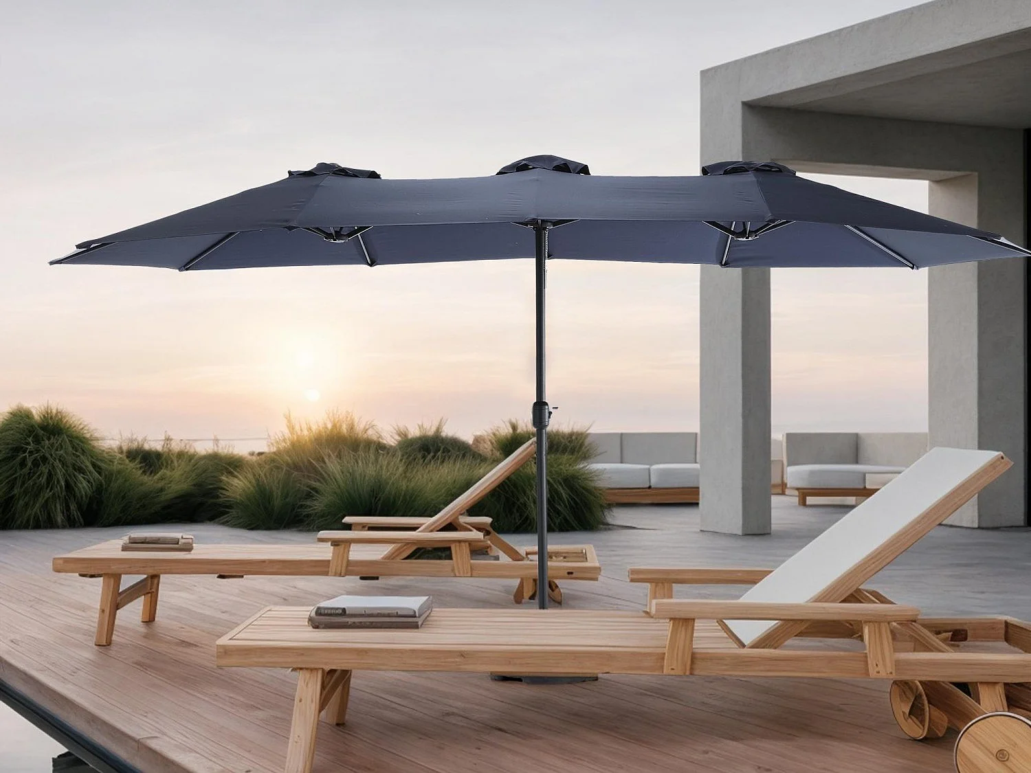 Sombrilla de doble cabeza verde (4,53 m x 2,67 m), sombrilla excéntrica, sistema de elevación con manivela, ideal para jardín o terraza, protección solar óptima
