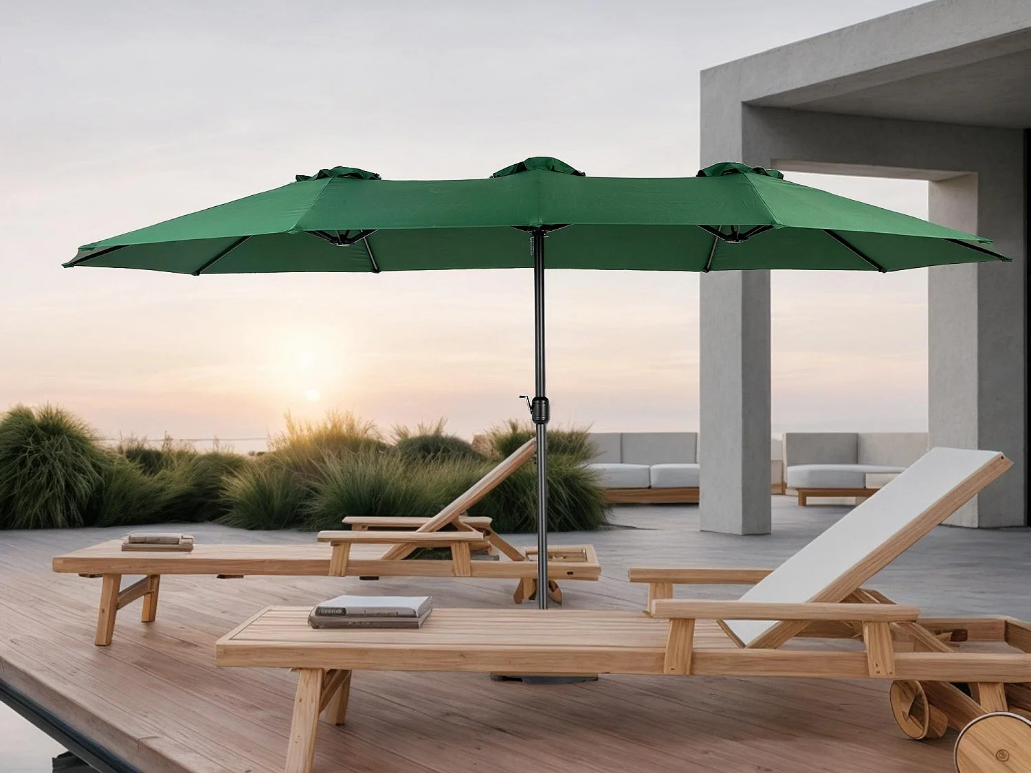 Parasol à double tête vert  (4,53m x 2,67m) - Parasol déporté - Système de levée à manivelle - Parfait pour jardin ou terrasse - Protection solaire optimale