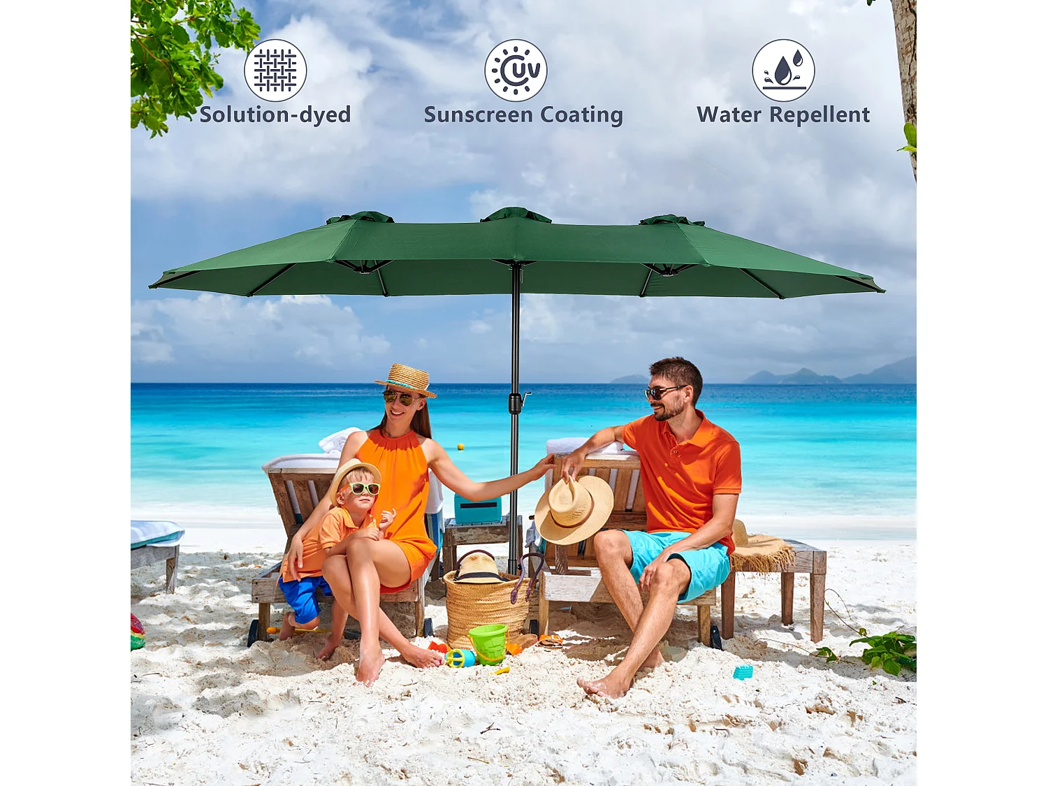 Parasol à double tête vert  (4,53m x 2,67m) - Parasol déporté - Système de levée à manivelle - Parfait pour jardin ou terrasse - Protection solaire optimale