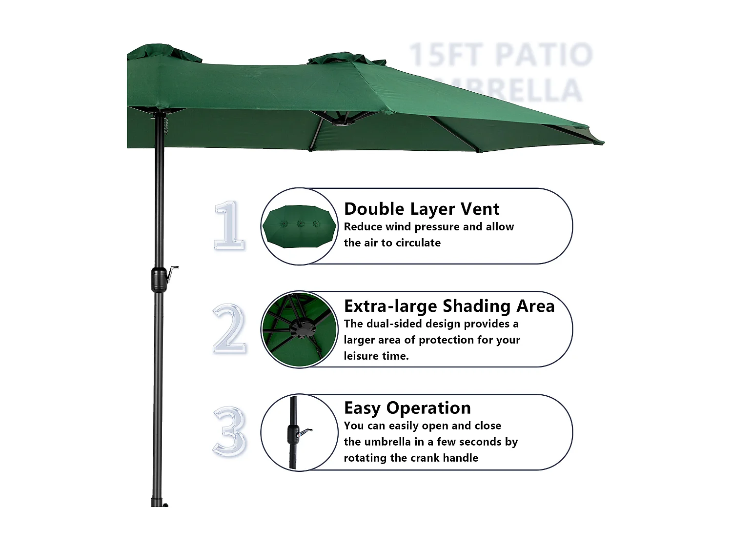 Parasol à double tête vert  (4,53m x 2,67m) - Parasol déporté - Système de levée à manivelle - Parfait pour jardin ou terrasse - Protection solaire optimale