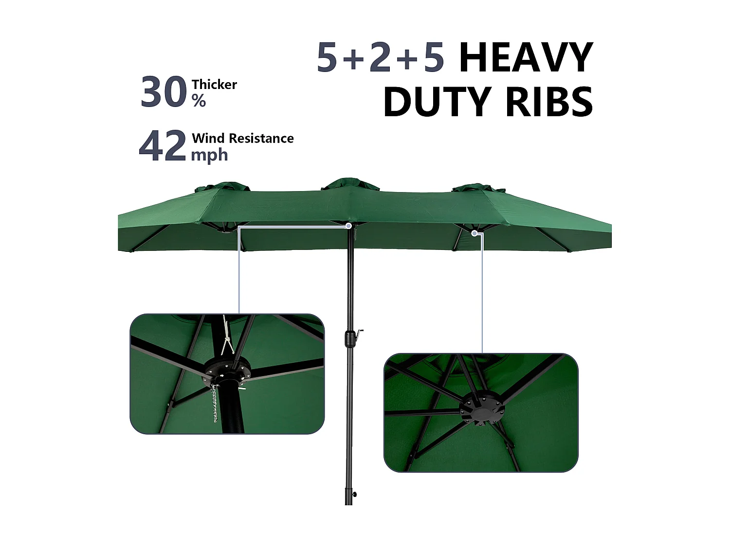 Parasol à double tête vert  (4,53m x 2,67m) - Parasol déporté - Système de levée à manivelle - Parfait pour jardin ou terrasse - Protection solaire optimale