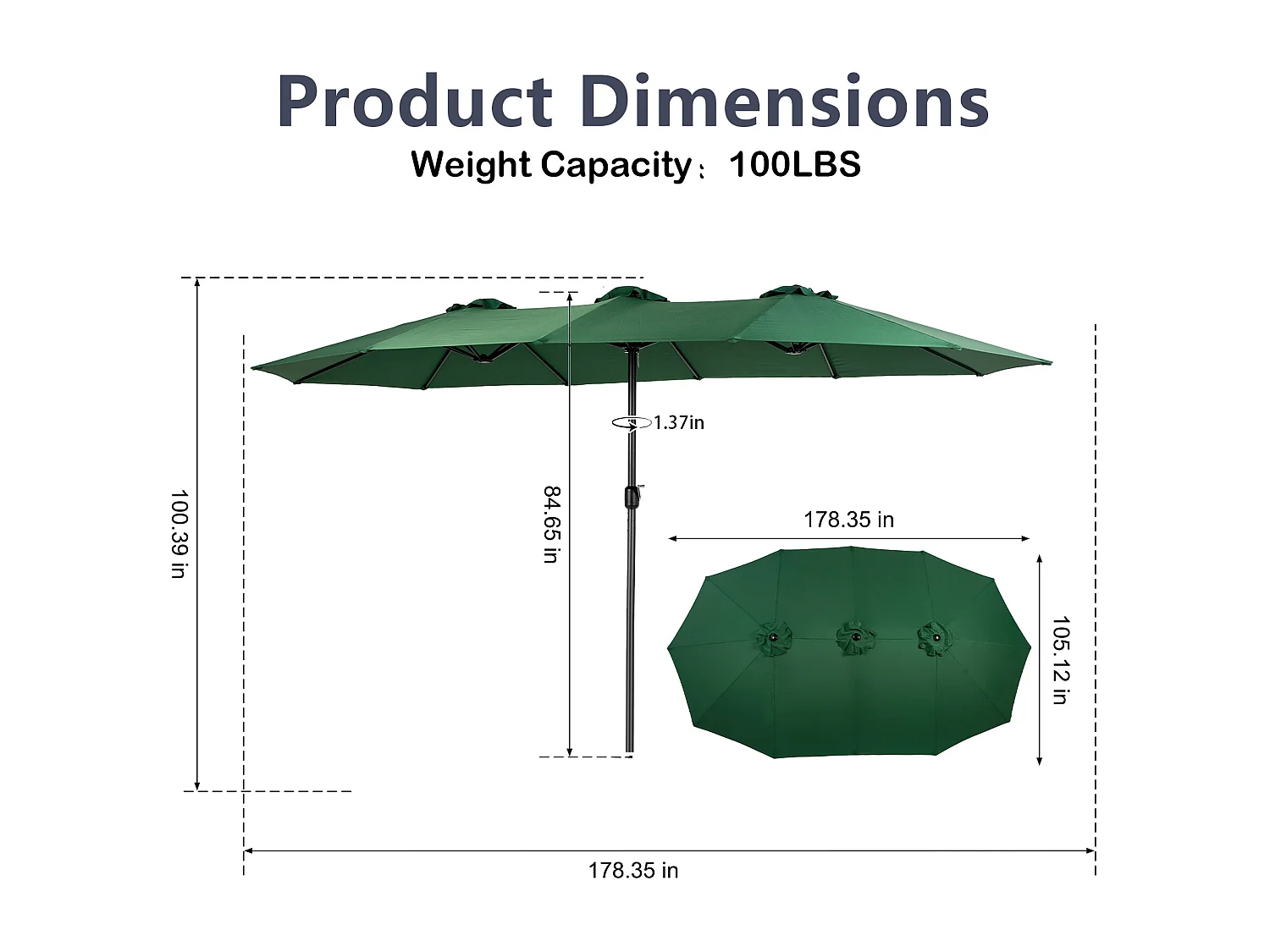 Parasol à double tête vert  (4,53m x 2,67m) - Parasol déporté - Système de levée à manivelle - Parfait pour jardin ou terrasse - Protection solaire optimale