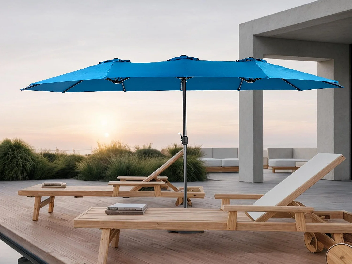 Sombrilla de doble cabeza verde (4,53 m x 2,67 m), sombrilla excéntrica, sistema de elevación con manivela, ideal para jardín o terraza, protección solar óptima