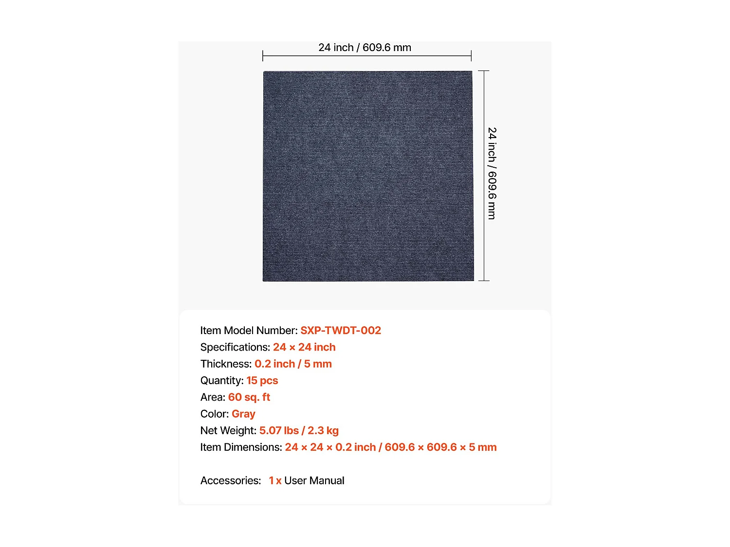 Dalle de Moquette Autocollante SucceBuy, 61 x 61 cm, Lot de 15, Couverture 5,6 ㎡, Épaisseur 5 mm, Revêtement de Sol Doux Modulaire Carré Résistant