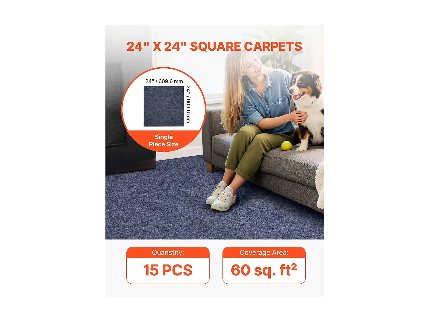 Dalle de Moquette Autocollante SucceBuy, 61 x 61 cm, Lot de 15, Couverture 5,6 ㎡, Épaisseur 5 mm, Revêtement de Sol Doux Modulaire Carré Résistant