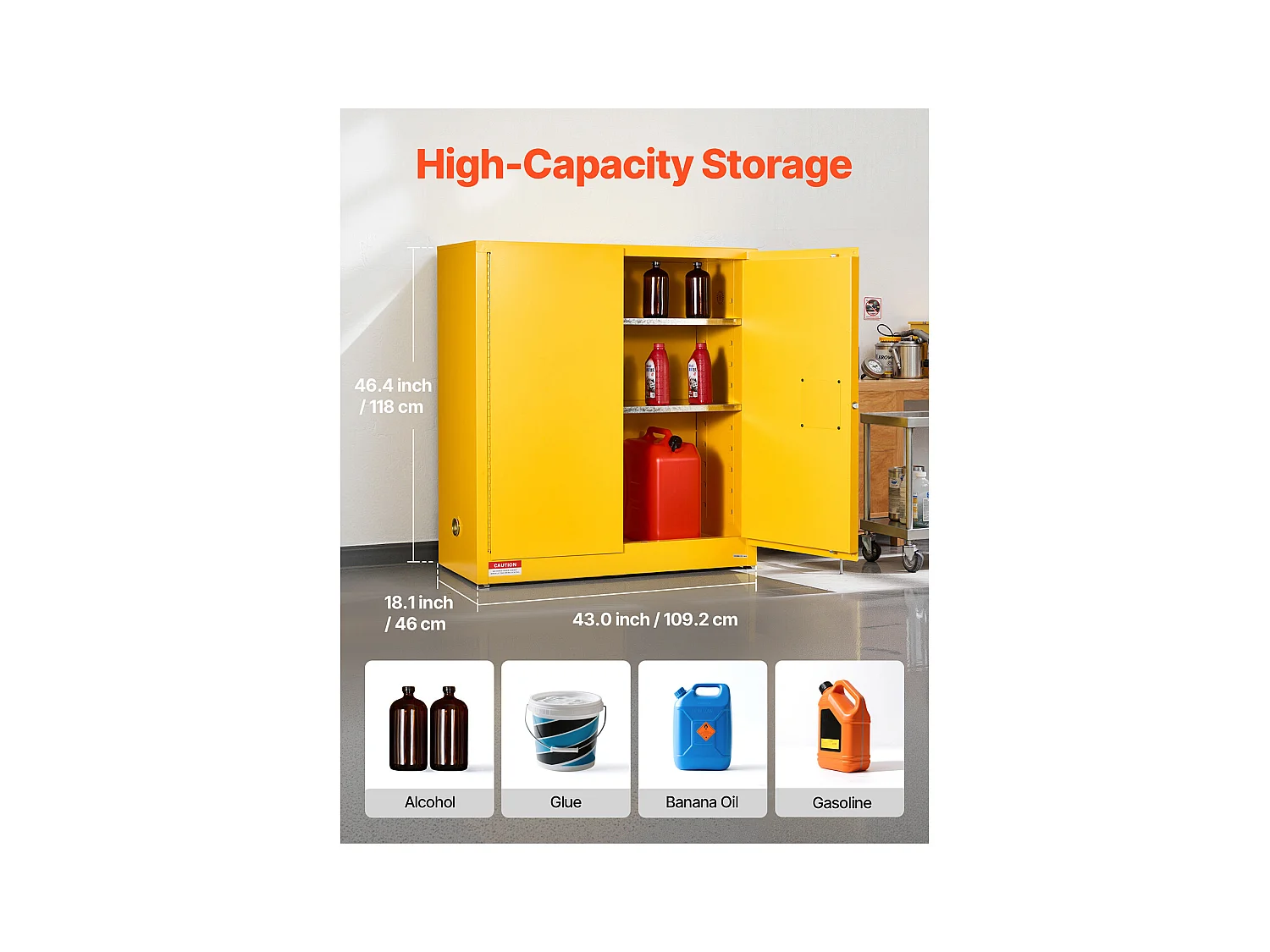 Sicherheitsschrank SucceBuy für Entflammbare Produkte 110 L 109,2 x 46 x 118 cm, Brandschutzschrank für Entflammbare Flüssigkeiten, aus Laminierstahl