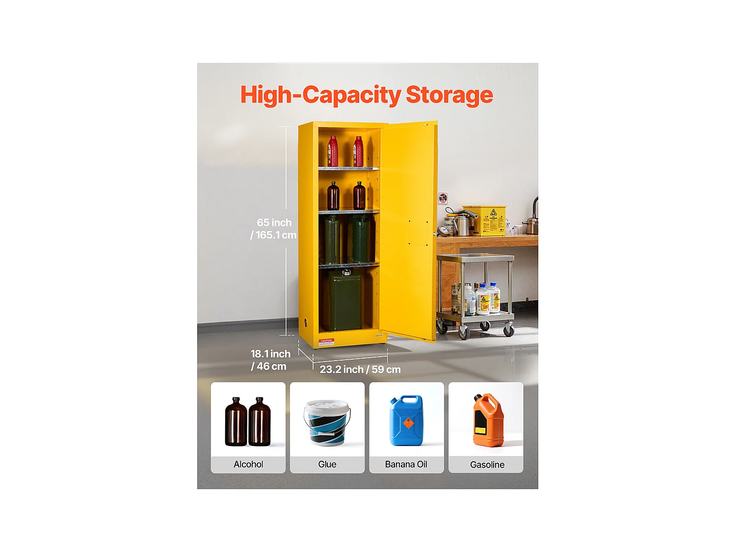Szafa Bezpieczeństwa SucceBuy dla Produktów Palnych 87 L 59 x 46 x 165,1 cm, Szafa Przeciwpożarowa dla Cieczy Palnych ze Stali Laminowanej