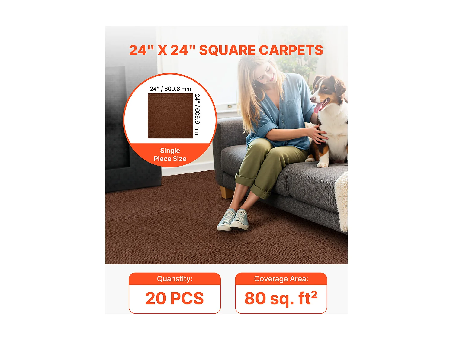 Dalle de Moquette Autocollante SucceBuy, 61 x 61 cm, Lot de 20, Couverture 7,4 ㎡, Épaisseur 5 mm, Revêtement de Sol Doux Modulaire Carré Résistant