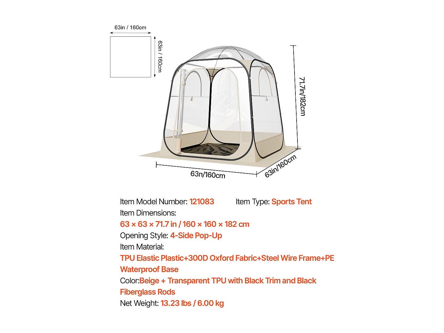 Tente de Sport Transparente SucceBuy 160 x 160 cm Tente à Bulle Pop Up pour 2-4 Personnes, Abri d'Extérieur Vue Dégagée, avec Tapis de Sol