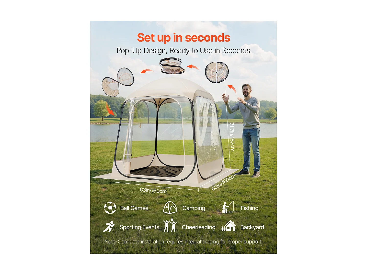 Tente de Sport Transparente SucceBuy 160 x 160 cm Tente à Bulle Pop Up pour 2-4 Personnes, Abri d'Extérieur Vue Dégagée, avec Tapis de Sol