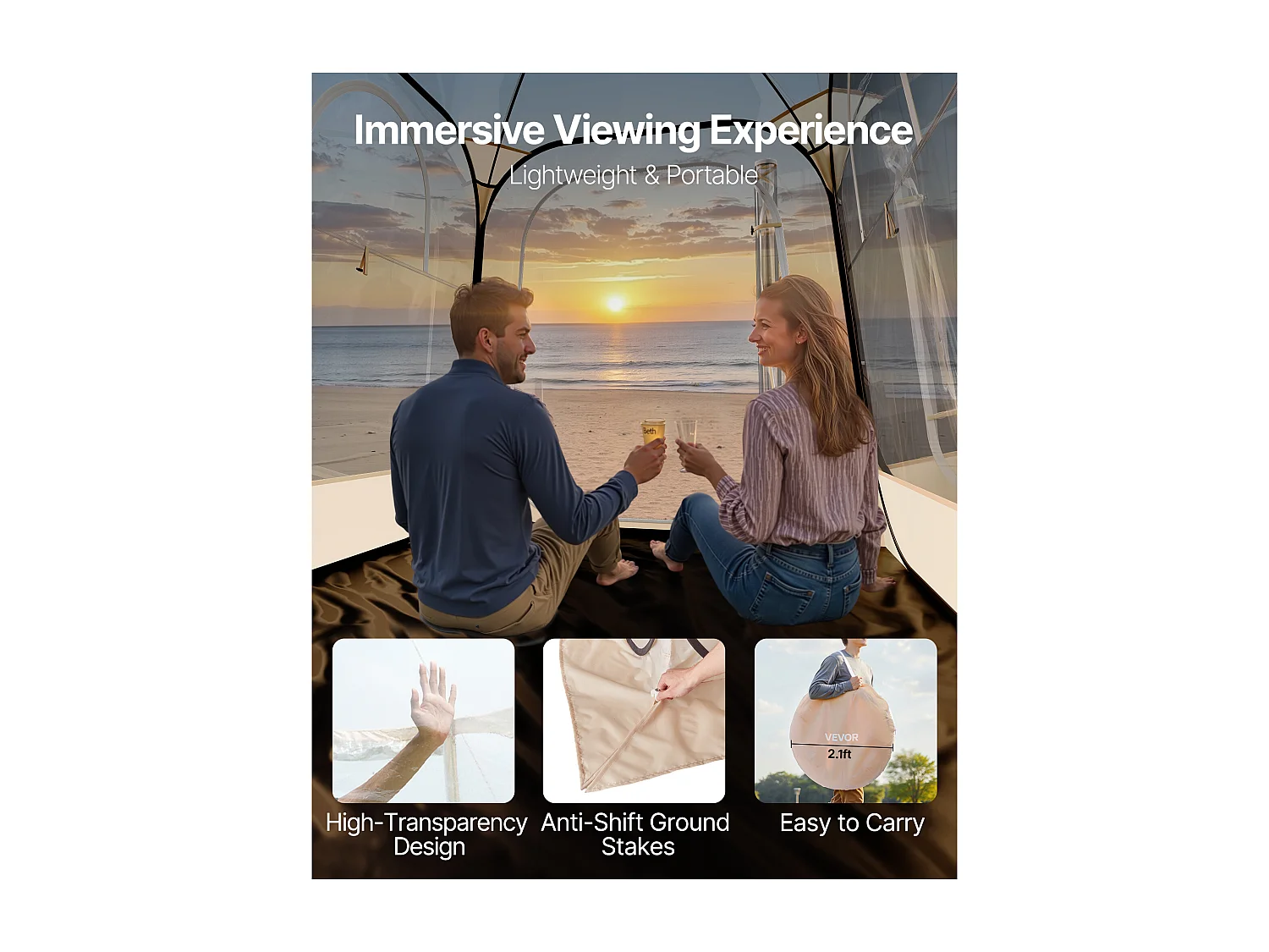 Tente de Sport Transparente SucceBuy 160 x 160 cm Tente à Bulle Pop Up pour 2-4 Personnes, Abri d'Extérieur Vue Dégagée, avec Tapis de Sol