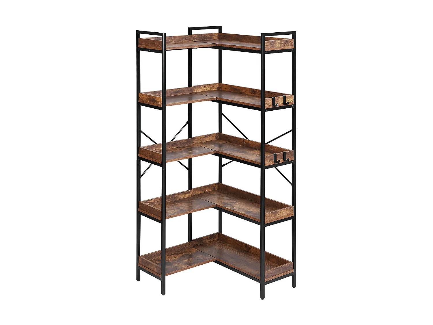Étagère d'Angle SucceBuy à 5 Niveaux, Hauteur 166,1 cm, Bibliothèque du Coin en L avec 4 Crochets, Meuble de Rangement Réversible avec Cadre en Métal