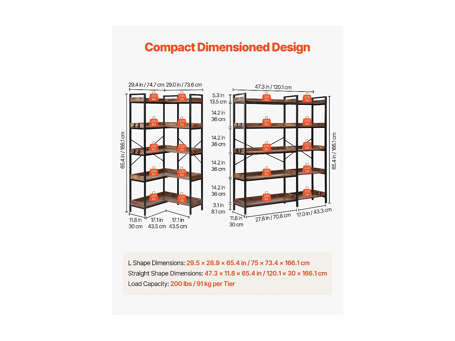 Étagère d'Angle SucceBuy à 5 Niveaux, Hauteur 166,1 cm, Bibliothèque du Coin en L avec 4 Crochets, Meuble de Rangement Réversible avec Cadre en Métal