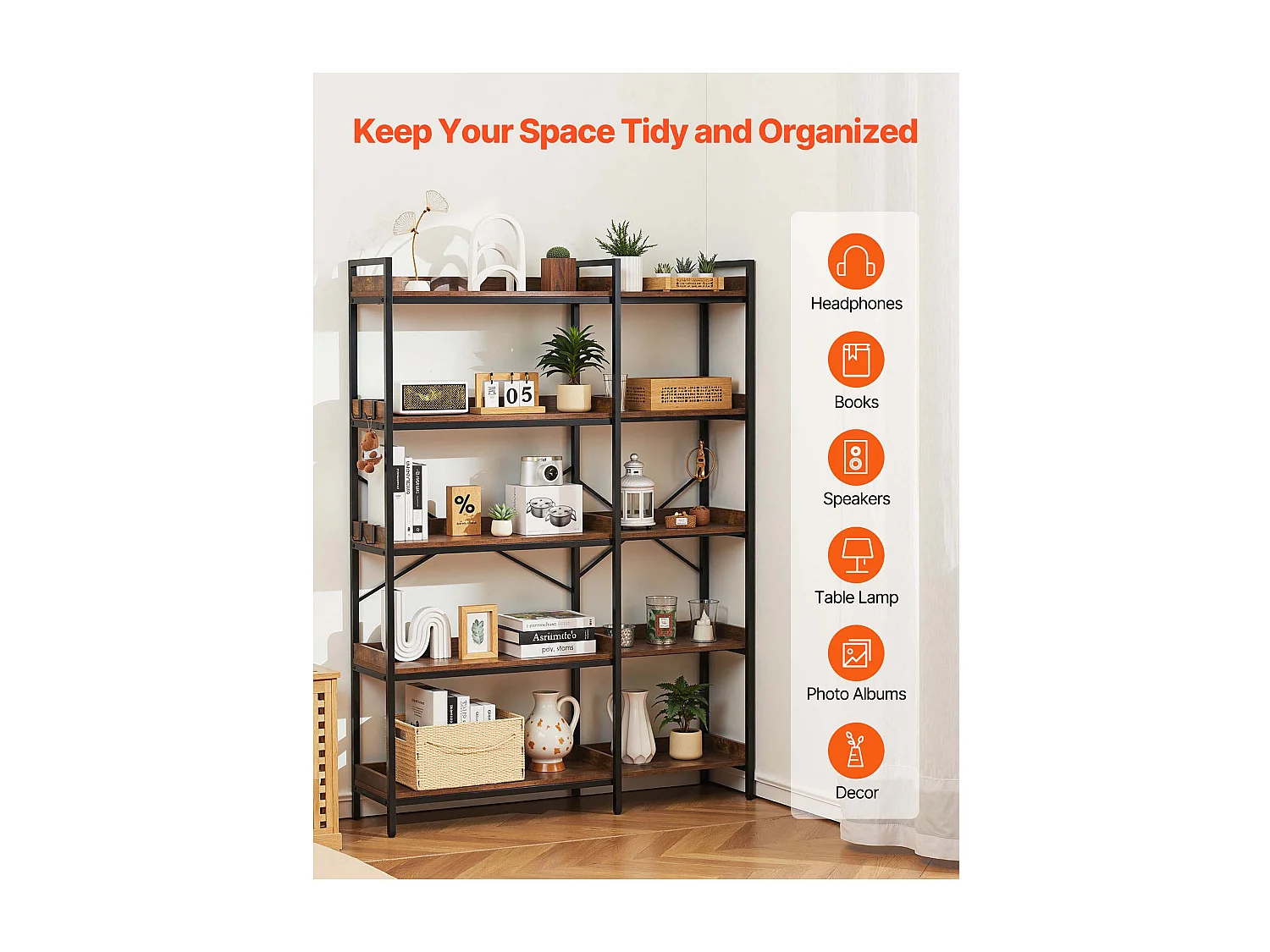 Étagère d'Angle SucceBuy à 5 Niveaux, Hauteur 166,1 cm, Bibliothèque du Coin en L avec 4 Crochets, Meuble de Rangement Réversible avec Cadre en Métal