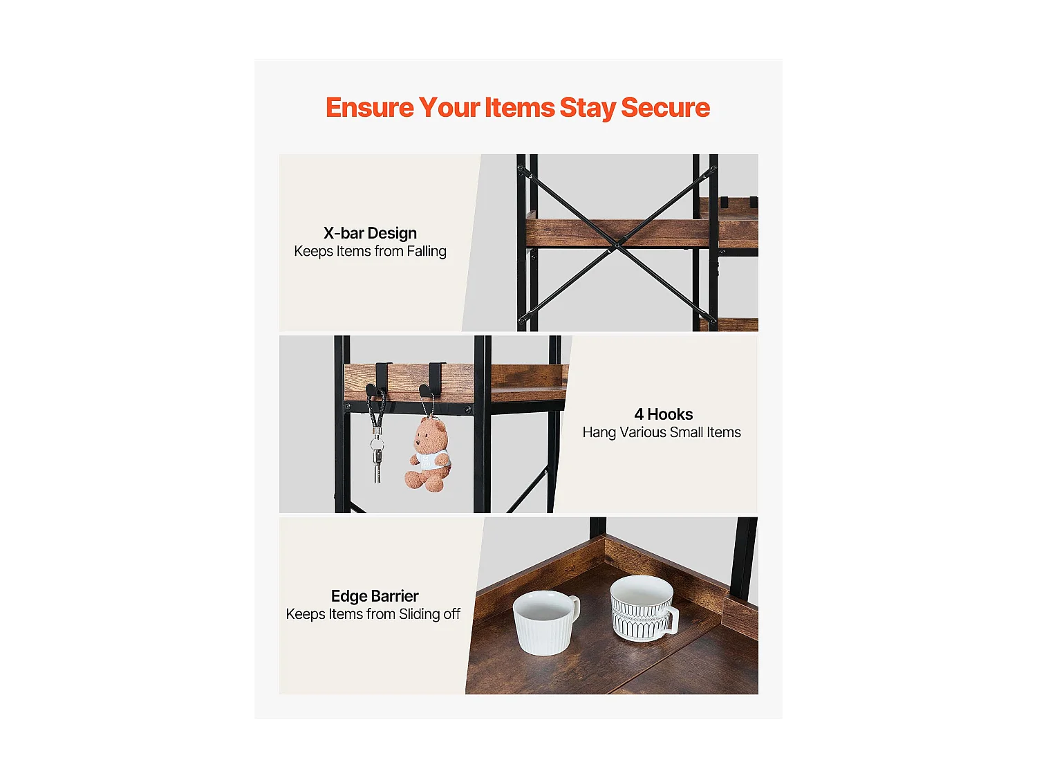 Étagère d'Angle SucceBuy à 5 Niveaux, Hauteur 166,1 cm, Bibliothèque du Coin en L avec 4 Crochets, Meuble de Rangement Réversible avec Cadre en Métal