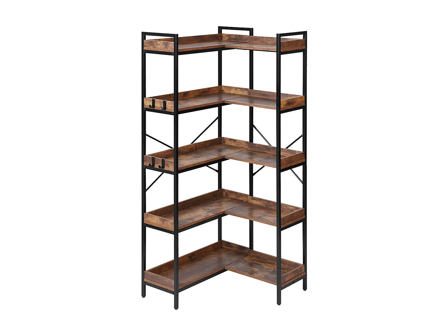 Étagère d'Angle SucceBuy à 5 Niveaux, Hauteur 166,1 cm, Bibliothèque du Coin en L avec 4 Crochets, Meuble de Rangement Réversible avec Cadre en Métal