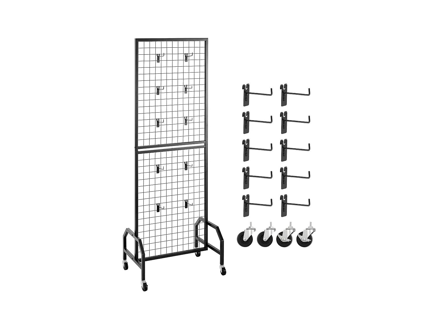 Siatka Wystawiennicza SucceBuy na Stoje o 60x164 cm, Panel Siatki ze Stali Węglowej, Mobilny Wystawiacz Siatkowy z Kółkami, z 10 Hakami