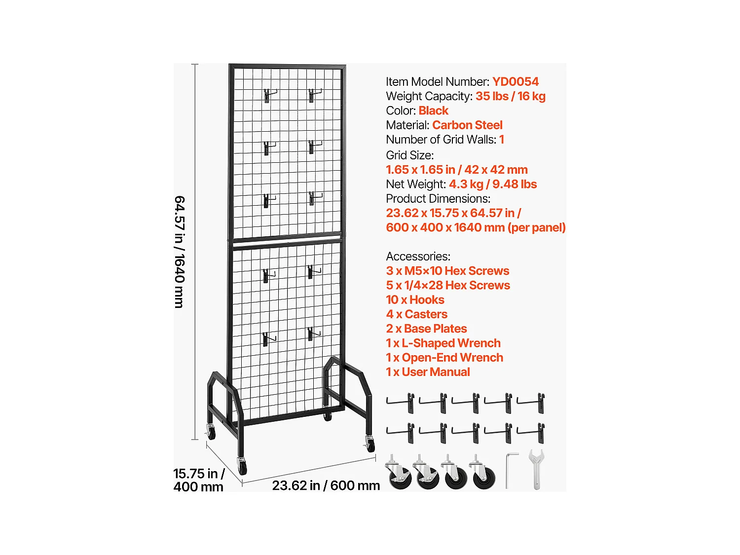 Siatka Wystawiennicza SucceBuy na Stoje o 60x164 cm, Panel Siatki ze Stali Węglowej, Mobilny Wystawiacz Siatkowy z Kółkami, z 10 Hakami