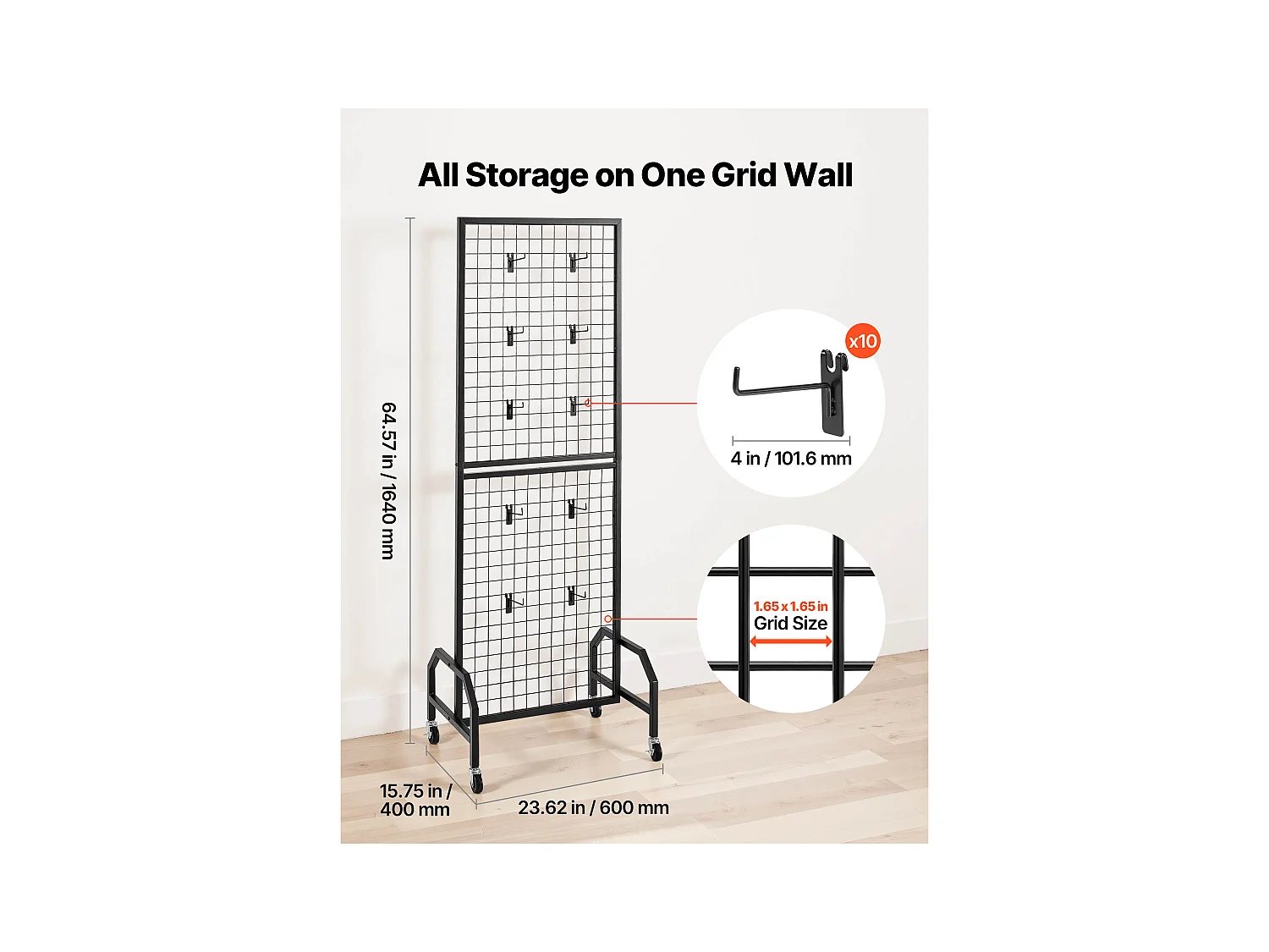 Siatka Wystawiennicza SucceBuy na Stoje o 60x164 cm, Panel Siatki ze Stali Węglowej, Mobilny Wystawiacz Siatkowy z Kółkami, z 10 Hakami