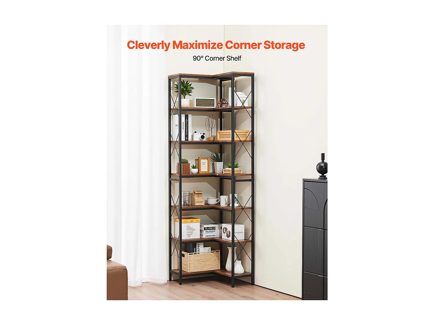 Hoekschap SucceBuy met 7 Niveaus, Hoogte 200 cm, Grote L-vormige Hoekboekenkast met Metalen Frame en Schappen, Omkeerbare Opbergmeubel