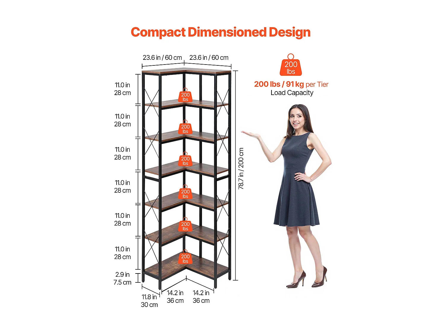 Hoekschap SucceBuy met 7 Niveaus, Hoogte 200 cm, Grote L-vormige Hoekboekenkast met Metalen Frame en Schappen, Omkeerbare Opbergmeubel