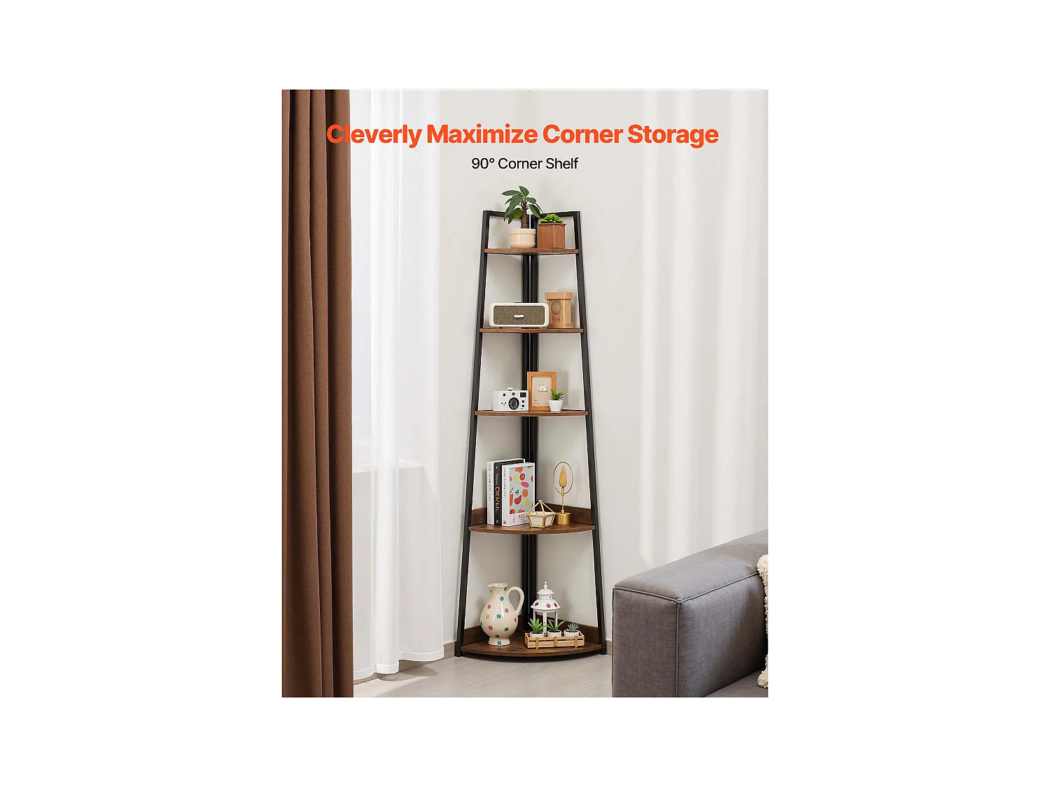 Eckregal SucceBuy mit 5 Ebenen, Eckbücherregal, Höhe 178 cm, Wandaufbewahrungsmöbel mit Metallrahmen und Holzregalen